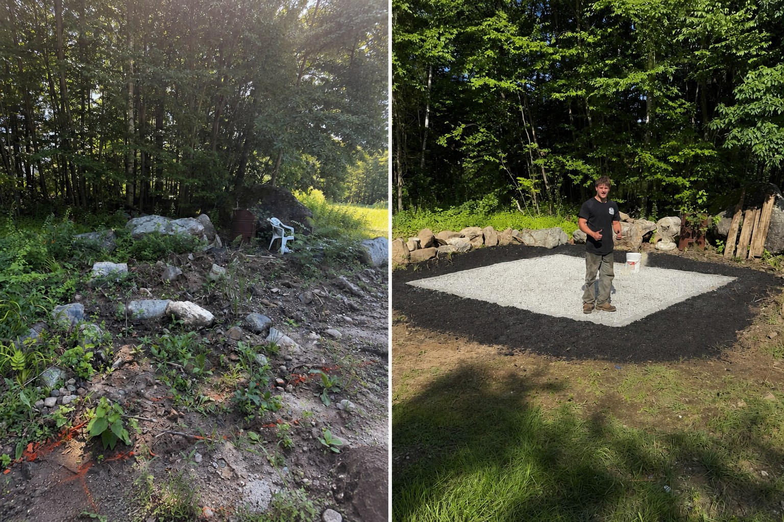 Stone Pad Install — Rocky brush lot turned into a finished white stone pad with mulch border.