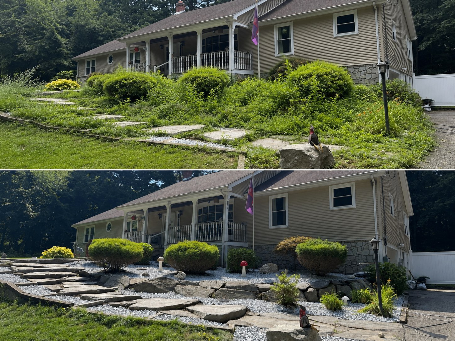 Front Yard Rebuild — Overgrown slope cleared, then rebuilt with stone walkway and white stone beds.